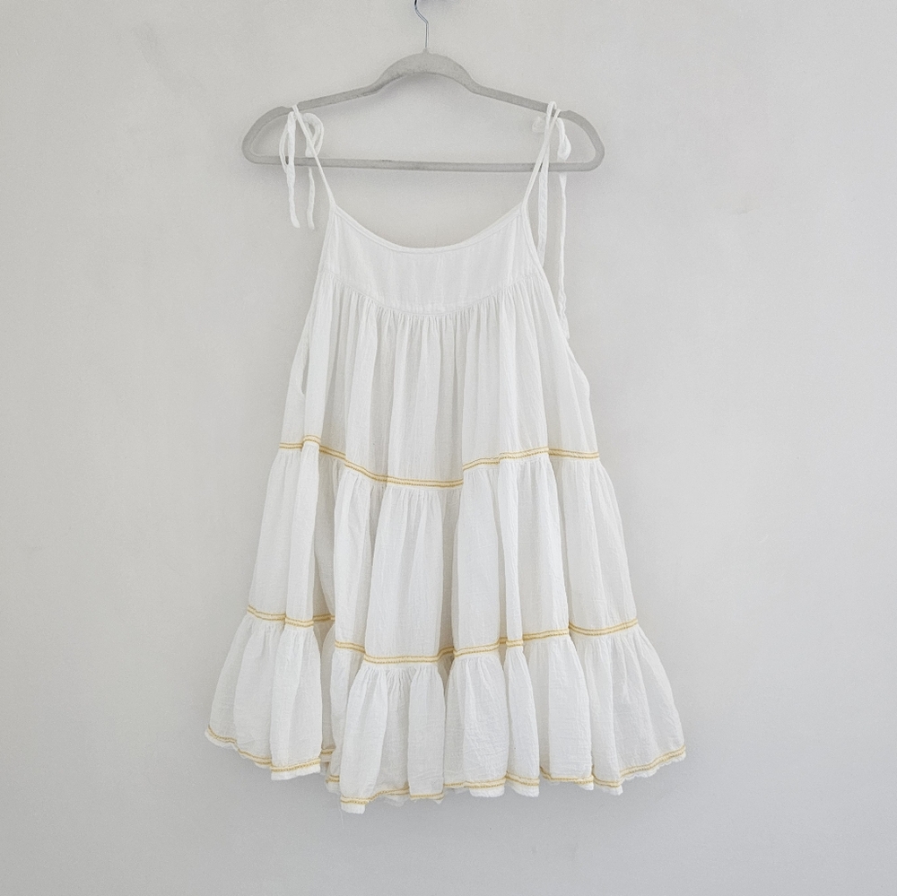 Honorine Peri White With Yellow Embroidered Strips Tiered Pouff Dress - Picture 5 of 11
